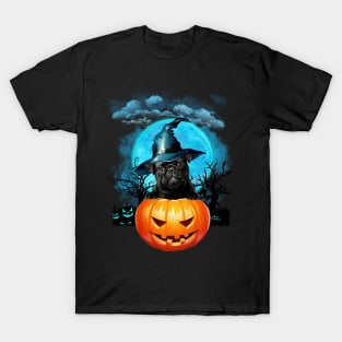 Black Pug Witch Hat Pumpkin And Blue Moon Halloween T-Shirt